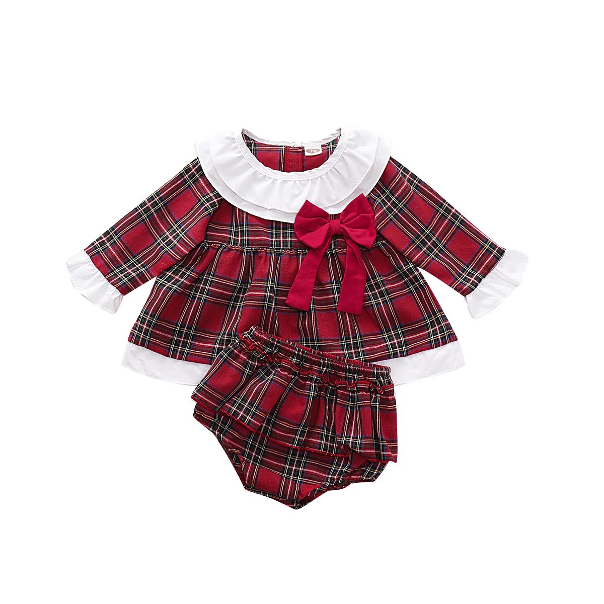 Newborn Baby Girl XMAS Costumes Plaid Pattern Long Sleeve 2PCS Suit Set