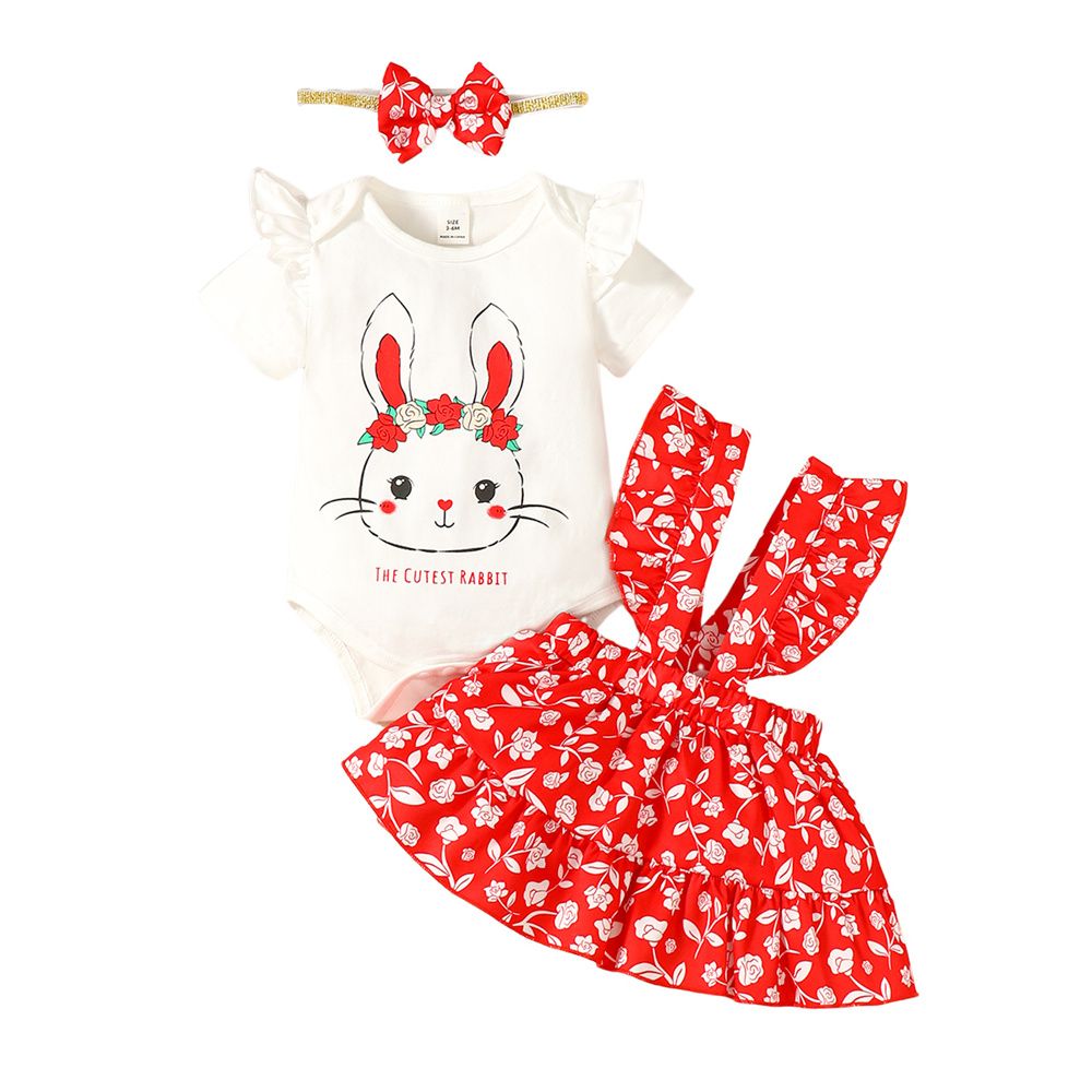 Baby Girl 3-24Months Rabbit Bodysuit+Floral Skirt+Headwear
