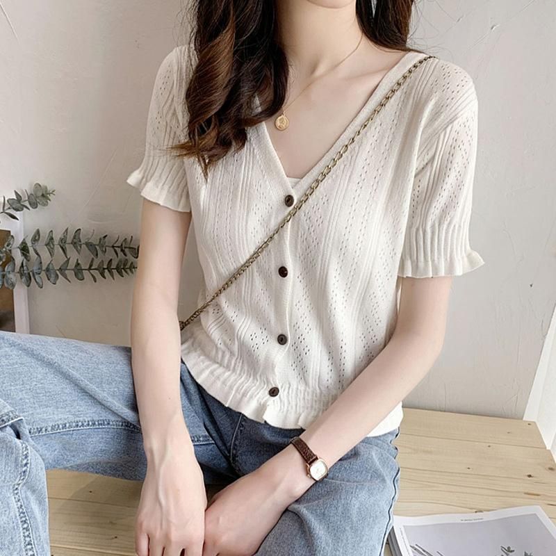 Ice Silk Short Sleeve Knitted Shirt for Women's 2023 Summer New Hollow Short KSK Loose and Slim