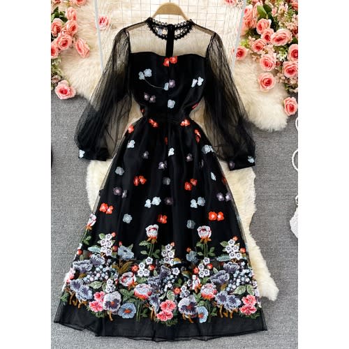 Floral Mesh Detail Dress -multi