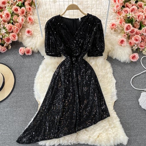 Asymmetrical Sequin Dress - Black
