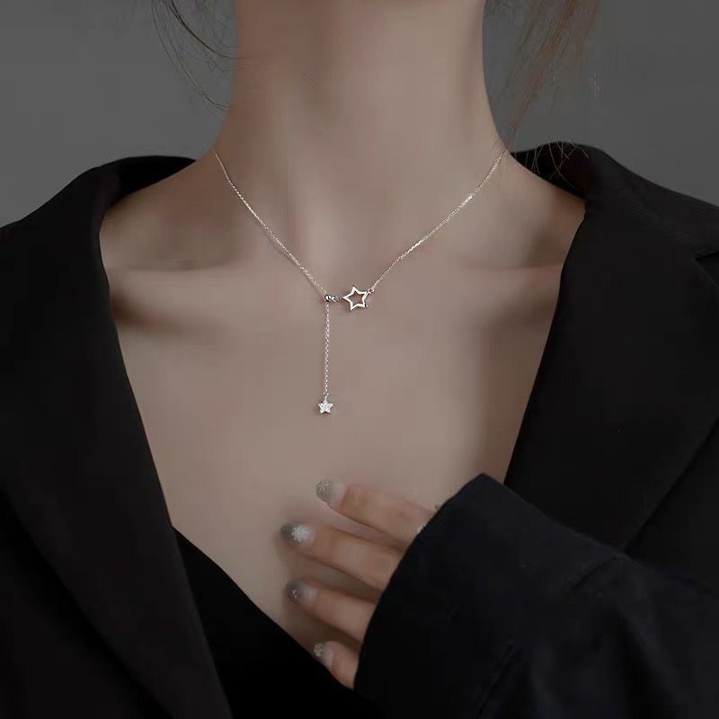 Women's Collarbone Chain Hollow Five-pointed Star Pendant With Diamonds-Rhodium
