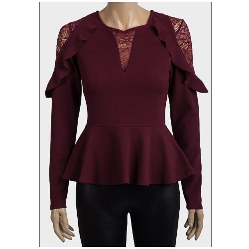 Ladies  Lace & Frill Peplum Top - Wine Color