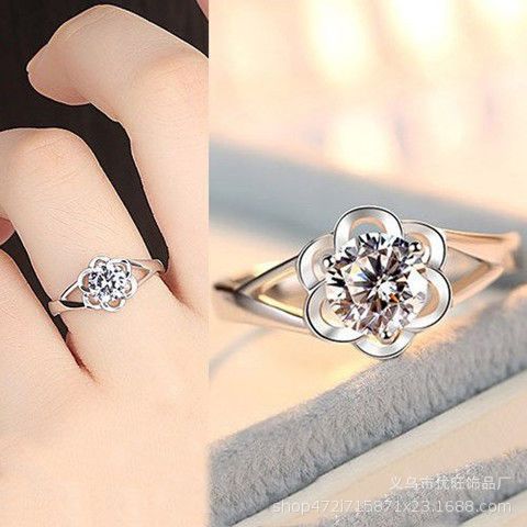 Silver Flower Open Ring Female Diamond Wedding Ring