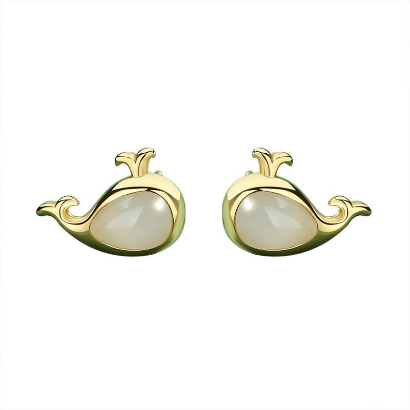 Hotan Jade Whale Earrings Ladies 925 Sterling Silver 18k Gold Creative New Chinese Style Earrings Small Audience Earrings