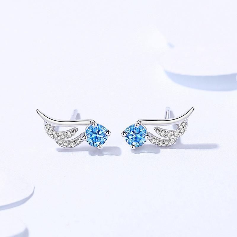 999 Pure Silver Ear Studs for Women's New Ear Hole Earrings with Diamond Wings Small Earrings in INS Style