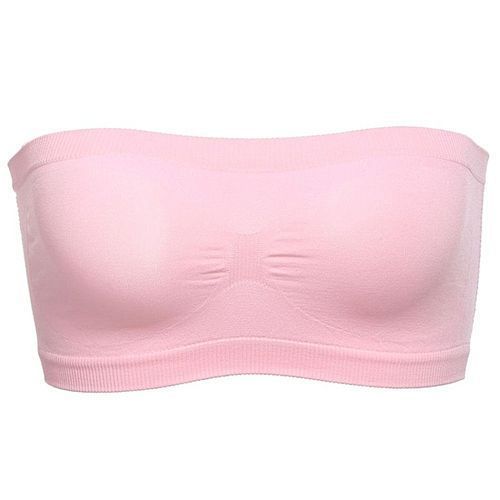 Women Basic Stretch Layer Strapless Hollow Seamless Solid Cropped Tube Top Bra Bandeau ( Pink )