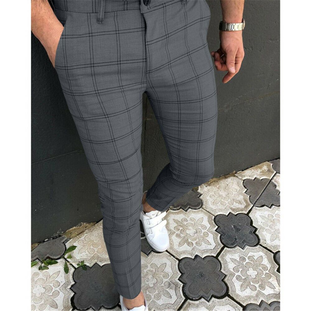 (Gray)Men's Business Casual Striped Skinny Long Trousers Office Slim Fit Pants X