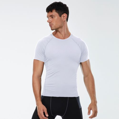 Men Summer Sports T-Shirt Short Sleeve Running Fitness Top（White）