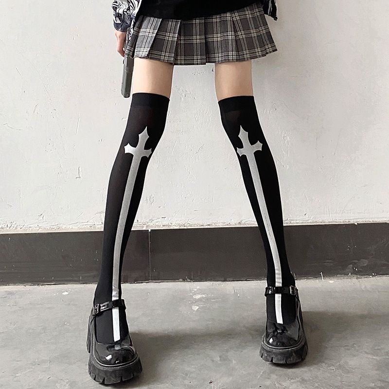 (black Cross)Cosplay Halloween Sock Skull Print Long Sexy Stockings Women Gothic Spider Cross  SMA
