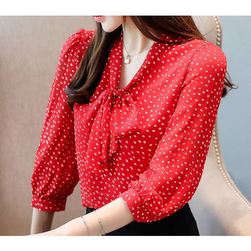 Tie Neck Dotted Blouse- Red