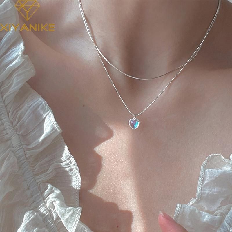 XIYANIKE Silver Color  Double Love Heart-shaped Moonstone Pendant Necklace Women Gradient Gemstone Clavicle Chain Couple