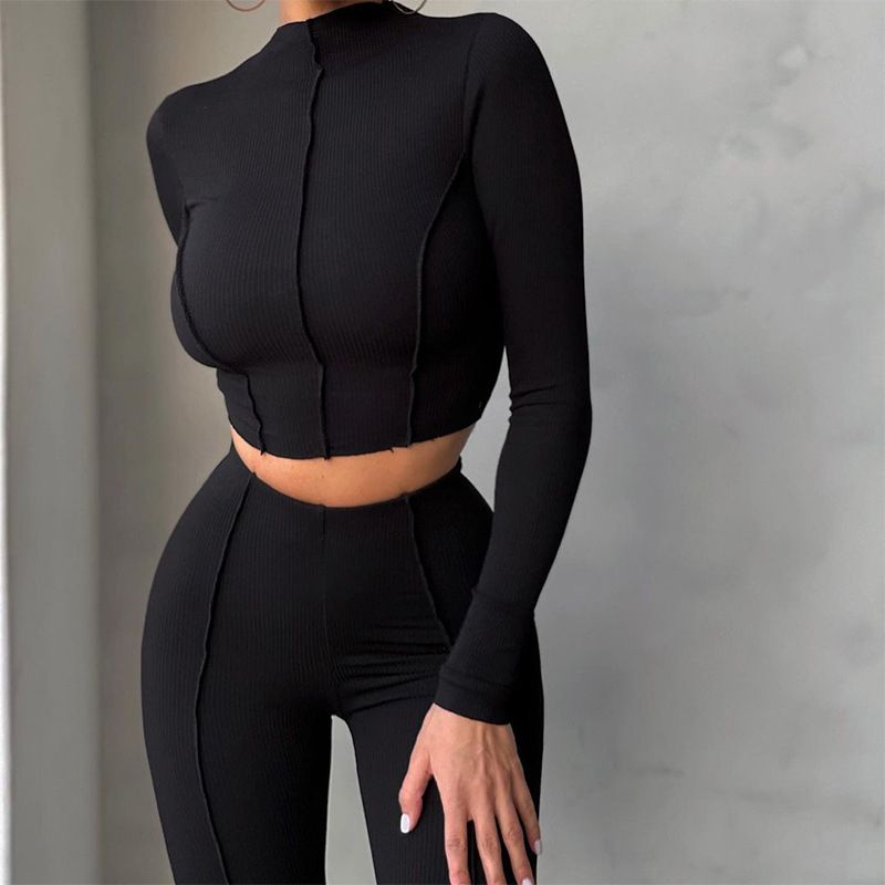 Two Piece Set Women Solid Half High Collar Skinny Crop Top Leggings Outfit