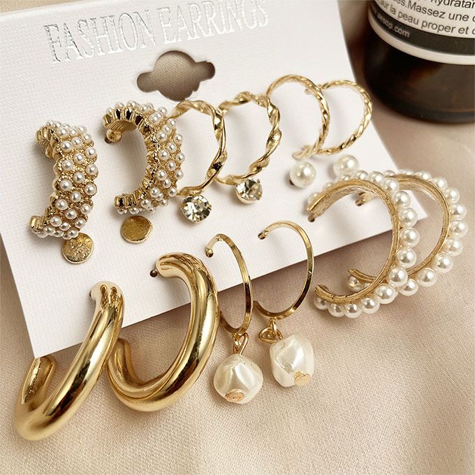 6 Pairs Ladies Hoop Diamond Pearl Earrings Set Punk Earrings
