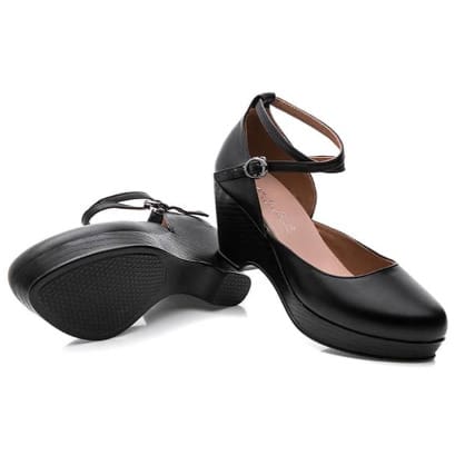 Real Leather Cross over Buckles Wedge Mid Heel Shoe