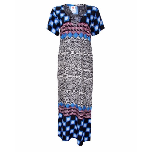 Boxter Square Print Maxi Dress with Neck Detail - Blue