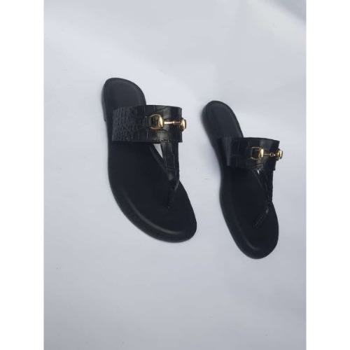 Women's Leather Flat Slippers With Chain Detail