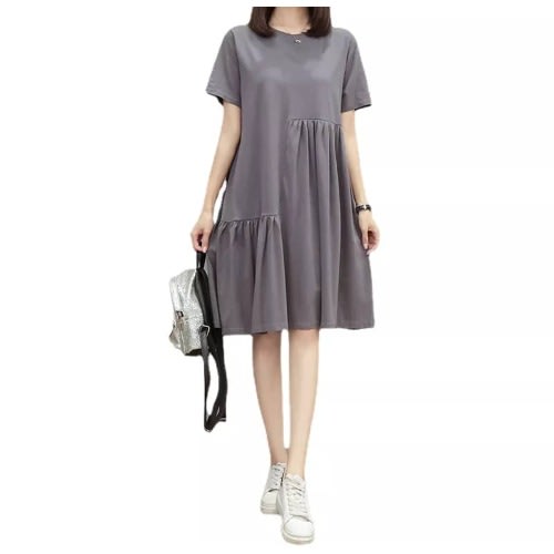 Round Neck Shift Dress- Grey