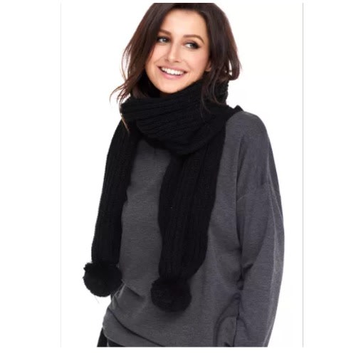 Pom Pom Ribbed Knit Scarf - Black