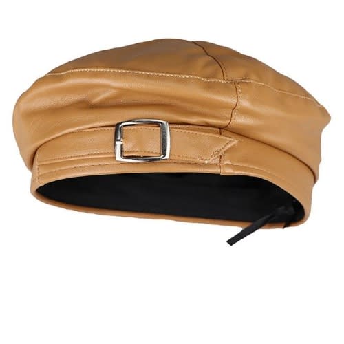 Pu Leather Beret Hat For Women - Brown.