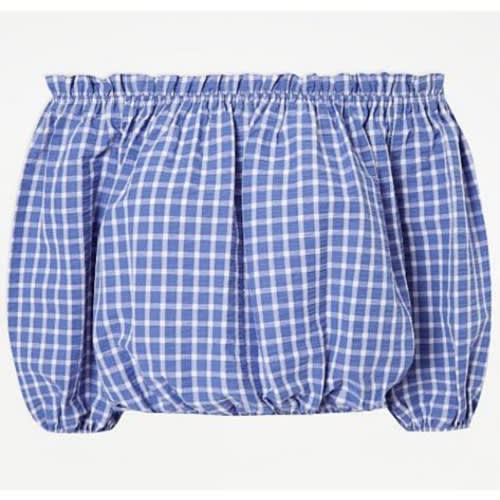 Gingham Print Cropped Bardot Blouse - Blue