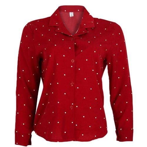 Dotted Long Sleeve  Cotton Blouse- Red