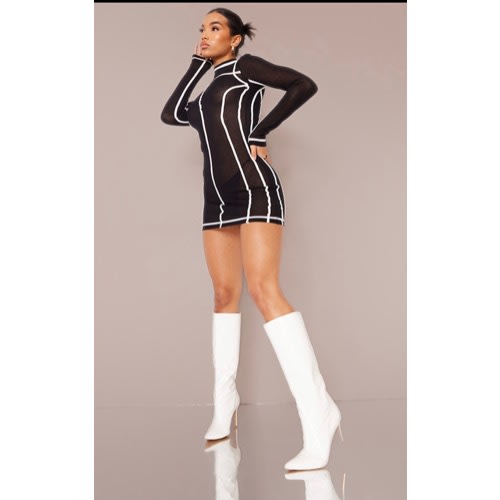 High Neck Binding Long Sleeve Dress - Black