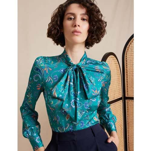 Women's Green & Blue Paisley Leaves Print Pussy Bow Blouse