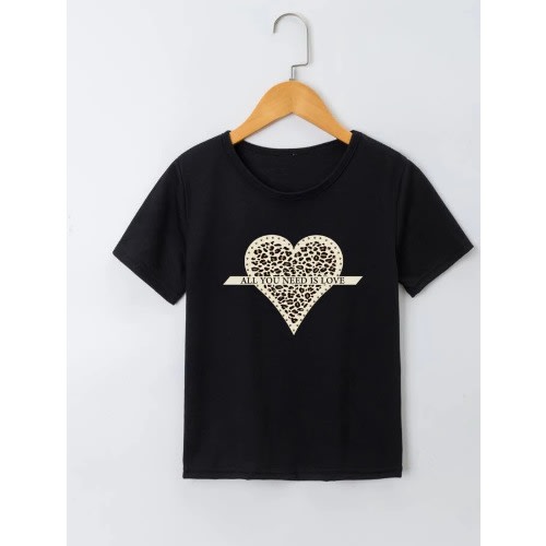 Girls All You Need Is Love Leopard Graphic Top- Black