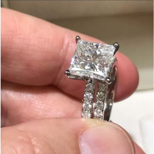 Square Diamond Engagement Set Ring Silver