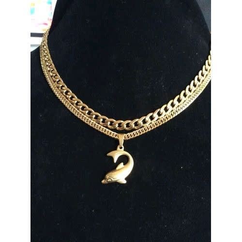 Fish Pendant With 2 Cuban Chains - Gold