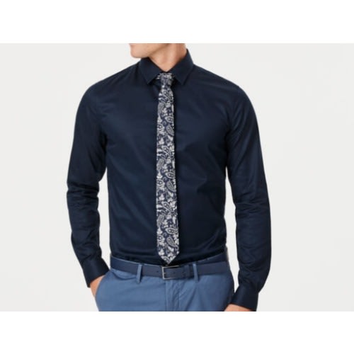 Men's Formal Dress Shirt With Matching Tie  - Navy Blue & Floral Black