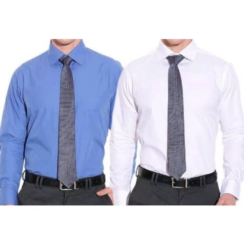 Set Of 2 Men's Formal Dress Shirt With A Matching Tie  - Blue And White/grey