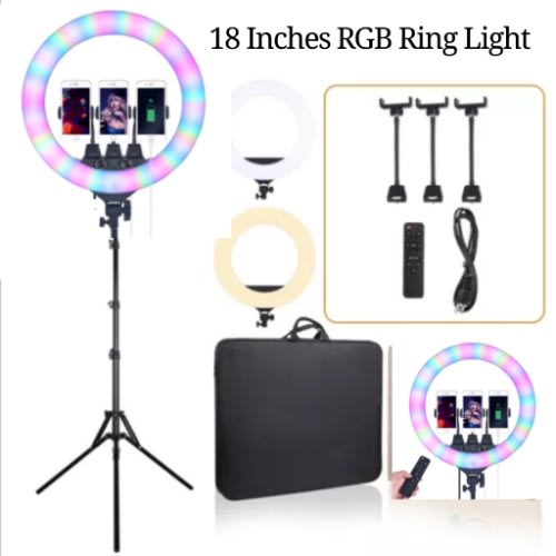 18 Inches Rgb Ring Light + 3 Phone Holders + Remote + Tripod Stand + Plug-in Wire + Bag