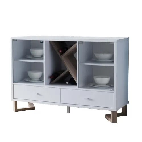 Buffet With Two Glass Paned Door And Four Interior Shelves, White And Brown