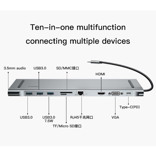 Type-C 10in1 Super HUB with 1080P HDMI 1000Mbps LAN SD TF PD VGA 3USB3.0 Audio Adapter