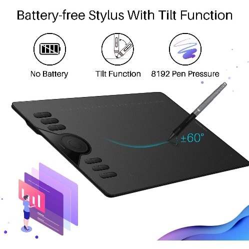 Hs610 Graphics Drawing Tablet Android Devices Supported Tilt Function Battery-free Stylus