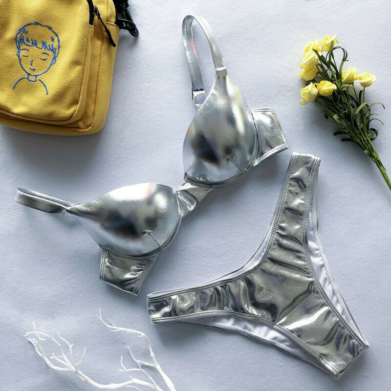 (Silver)Hot 2019 Women Swimwear Bikini PU Leather Two Piece  Shiny Bra Bandeau