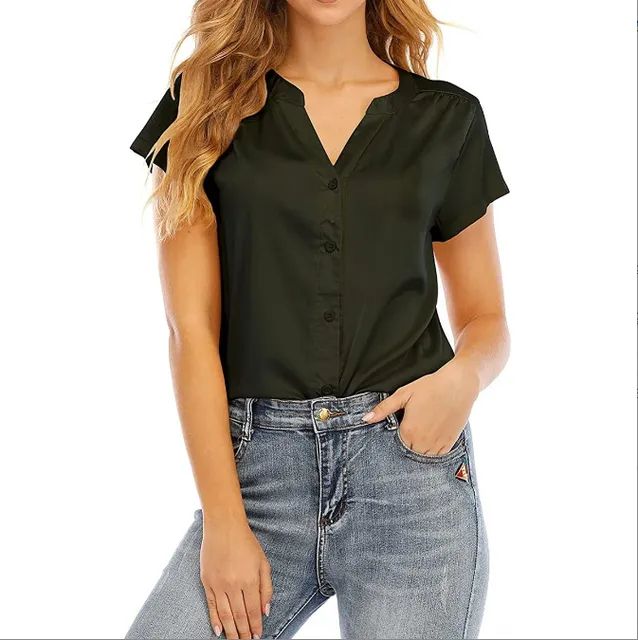Women's Button Down Short Sleeve Shirt Ladies Satin Silk Blouse Top- Black