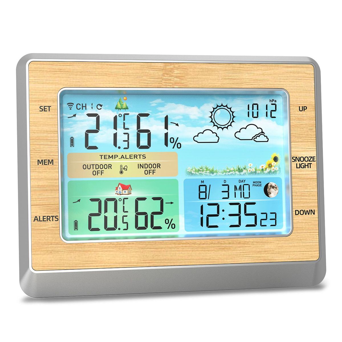 Weather Station Wireless Indoor Outdoor Thermometer 6 Inch Color LED Display Temperature Humidity Monitor with Barometric Pressure USB Charging Port Moon Phase Comfort Bar 4 Levels Brightness