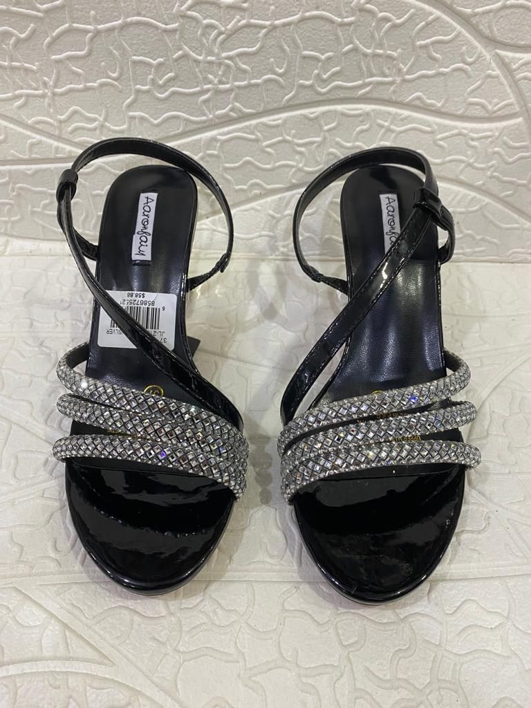 Black And Silver Strap Sandal Low Classic Heels