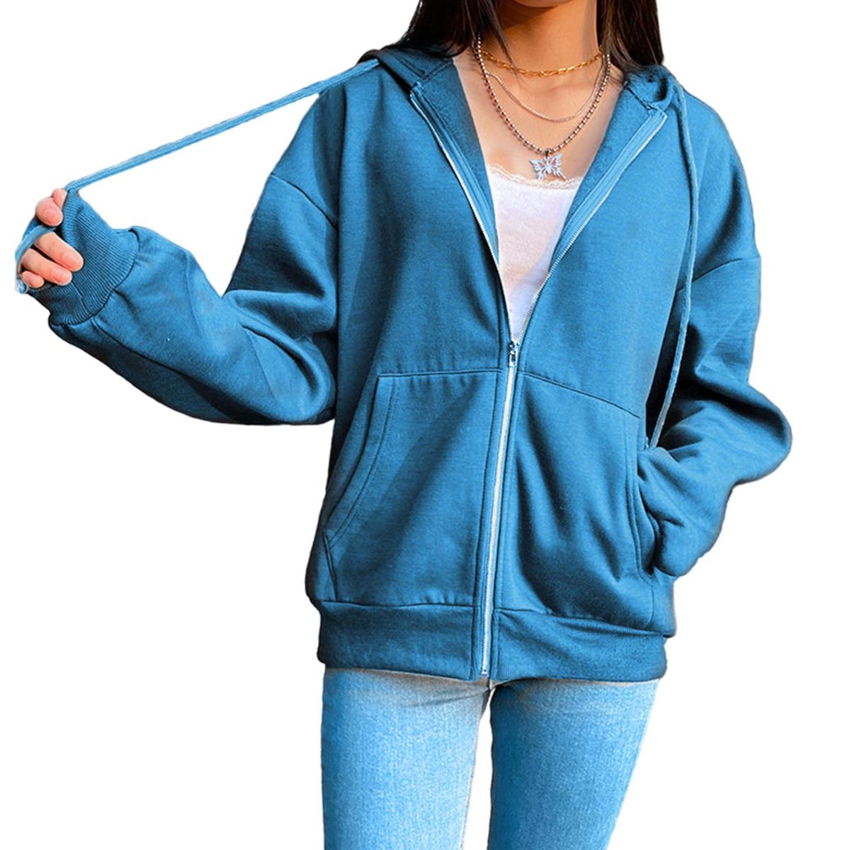 Jacket With Pocket Sweatshirt Long Hat Casual Jean  Ladies