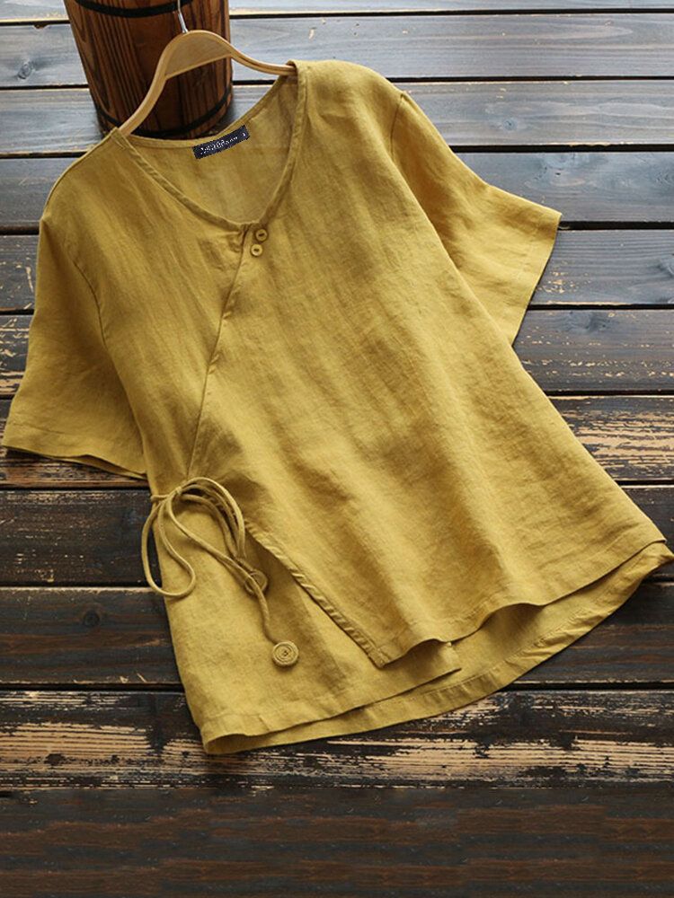 Women Cotton Button V-neck Solid Color Blouse-White