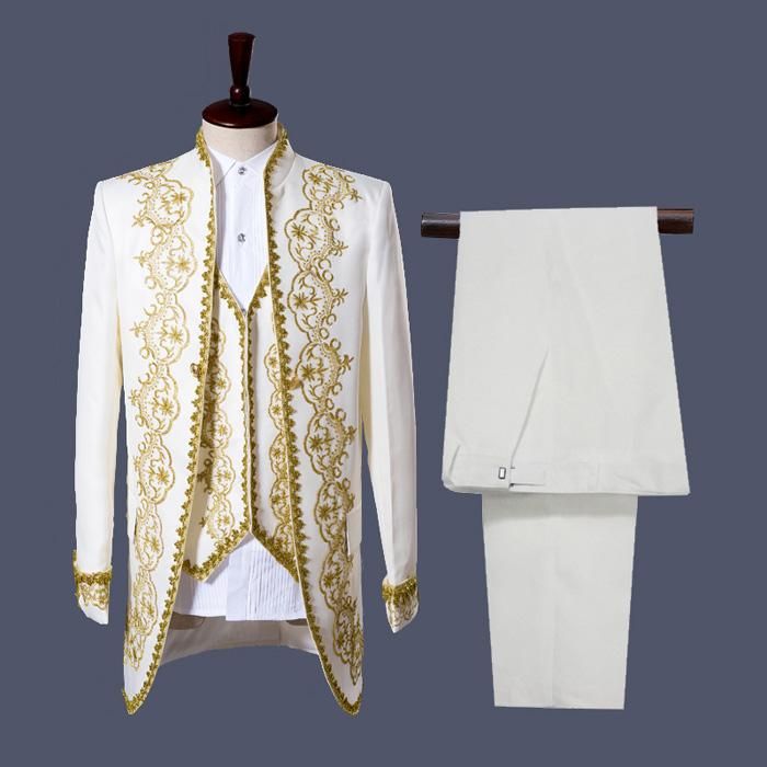 Mens Gold Embroidery 3 Piece Tuxedo Suit (Jacket+Pants+Vest) Party Wedding Festival Costume Homme Singer Opera Stage Suit Jacket