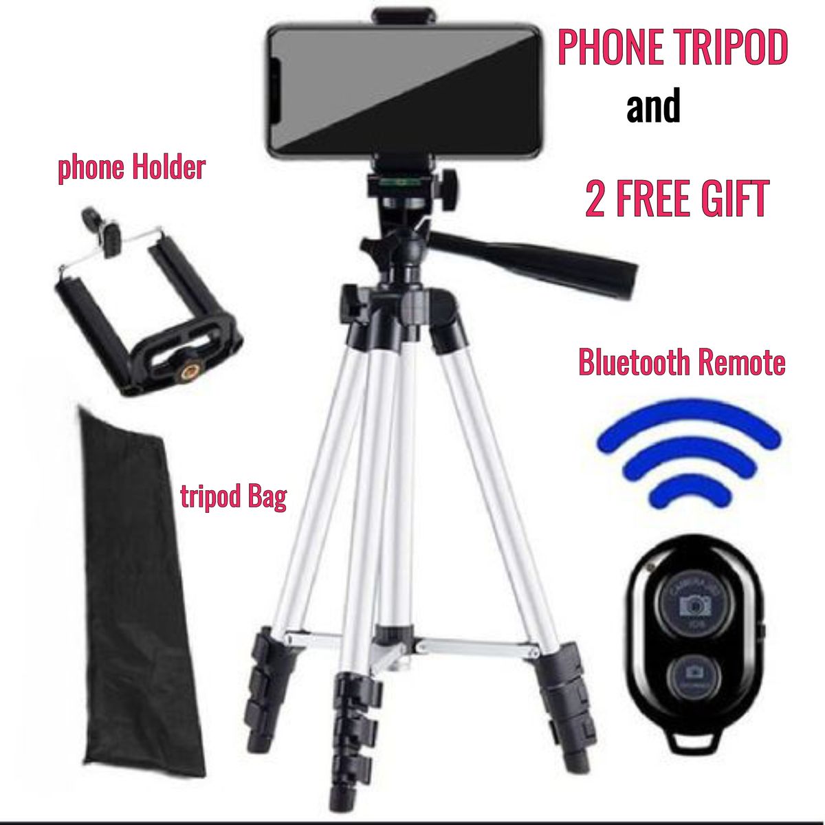Phone And Camera Tripod, With Free Remote And Holder Control Stand Kit, Also Lightweight Portable.