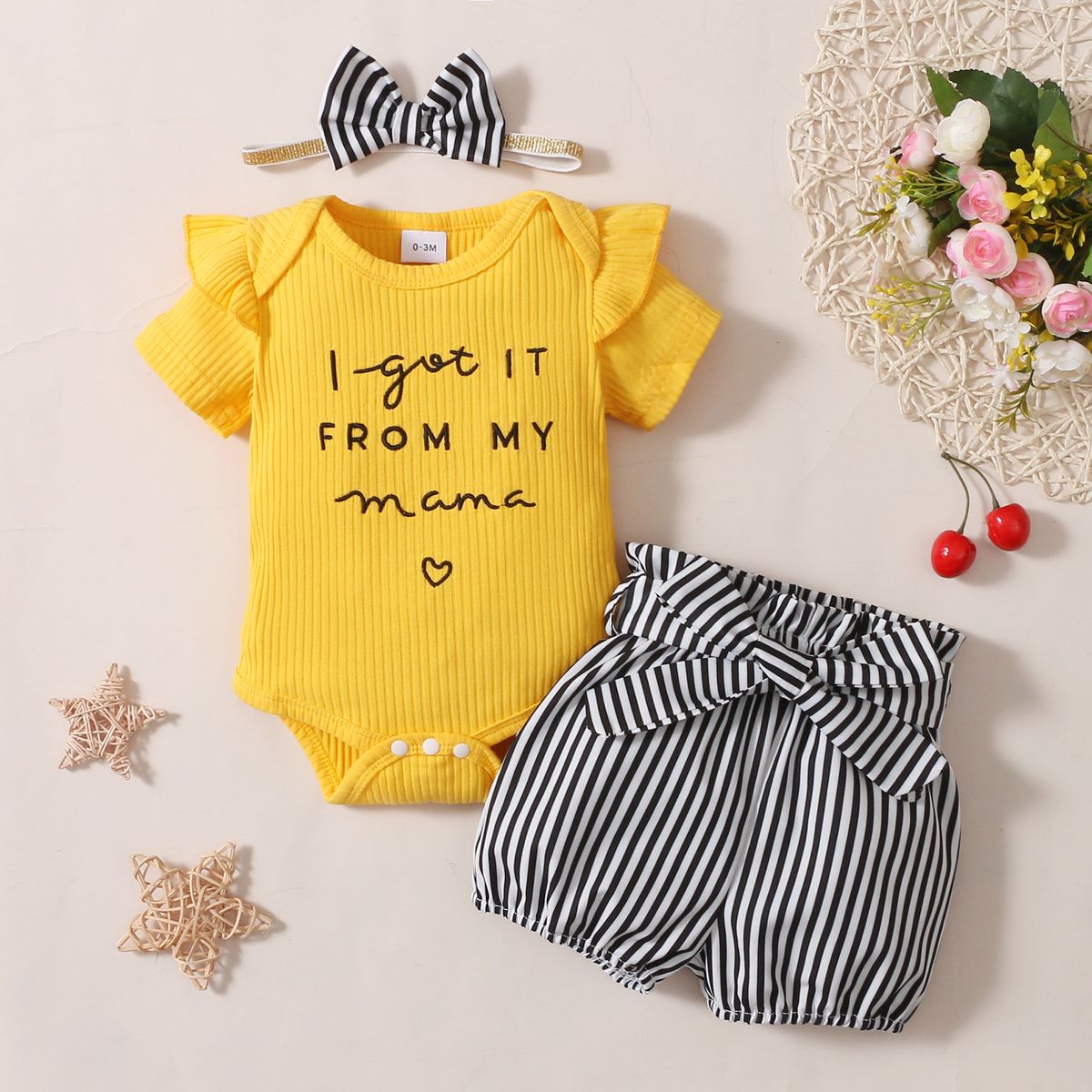 Baby Girls Letter Print Short Sleeves Ribbed Bodysuit With Striped Shorts