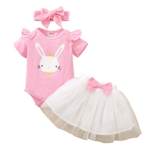 Baby Girl 3PCS Clothes Set Rabbit Print Fly Sleeve Bodysuit Mesh Skirt Headwear