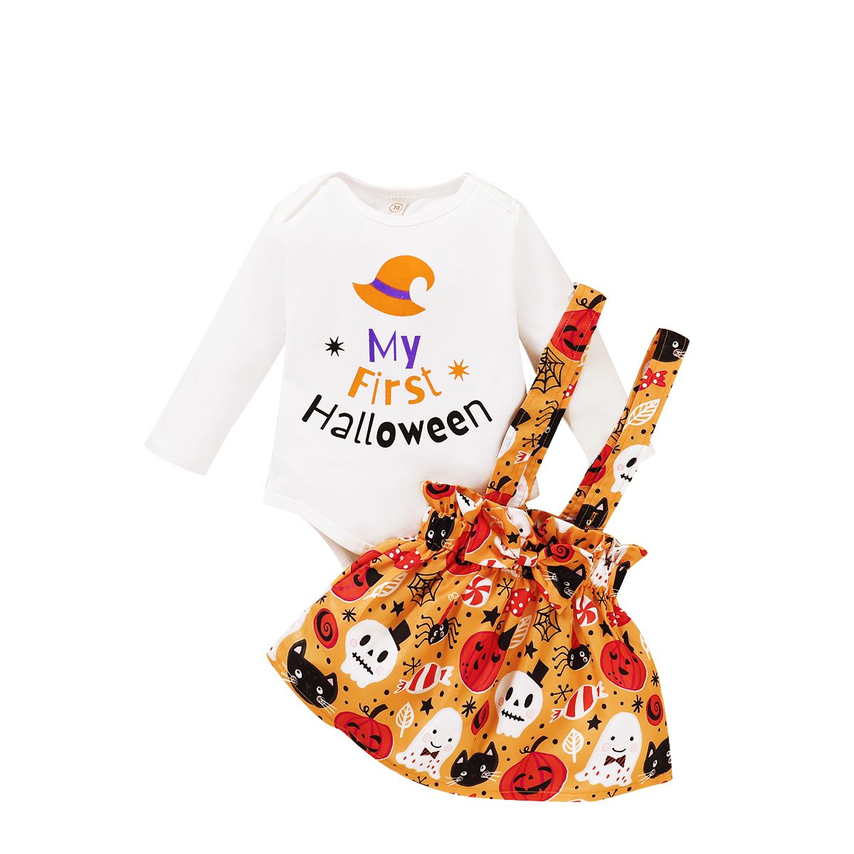 Newborn Baby Girl Halloween Bodysuit+ Pumpkin Printed Skirt