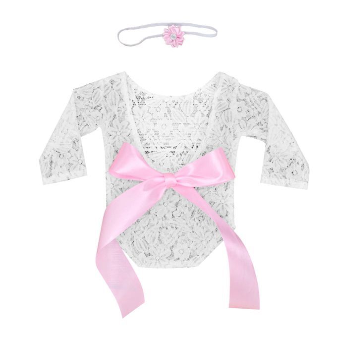 1 Set Newborn Girl Photo Shoot Clothes Lace Romper Bodysuit Big Pink