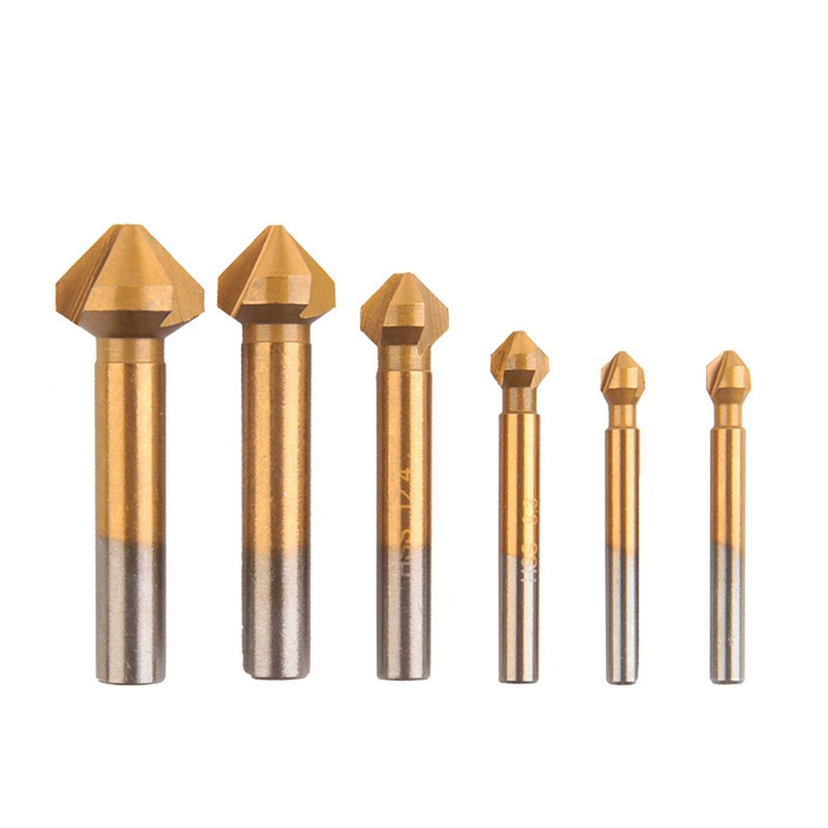 6 Pcs 90 Degree 3 Flute Titanium Coating Chamfering Cutter Drill Bits Chamfer Countersink Bits Set for Sink Holes Stainless Steel Copper Metals Gold
